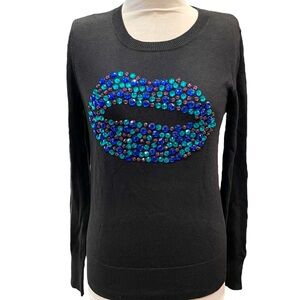 New Halogen Womens XS Blue Rhinestones Gems Luscious Lips Black Sweater